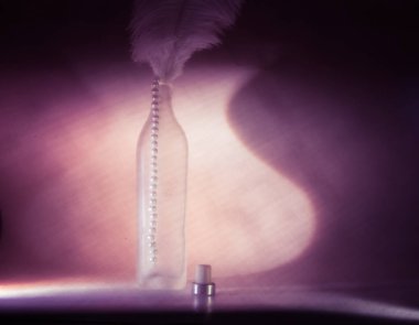 Bir şişe ve tüy güzel renklerde bir sanat, ekstra yumuşak natürmort