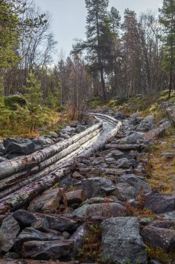 Güzel bir sonbahar sahne kereste göller arasında taşıma için bir tarihi su kanalı. Ahşap inşaat. Sonbahar Femundsmarka Milli Parkı'nda.