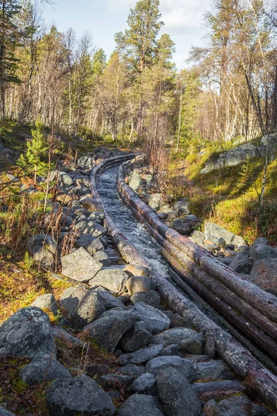 Güzel bir sonbahar sahne kereste göller arasında taşıma için bir tarihi su kanalı. Ahşap inşaat. Sonbahar Femundsmarka Milli Parkı'nda.