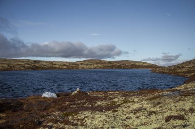 Norveç'te deniz seviyesinden yüksek bir güzel dağ gölü. Göl, renkli sonbahar yatay.