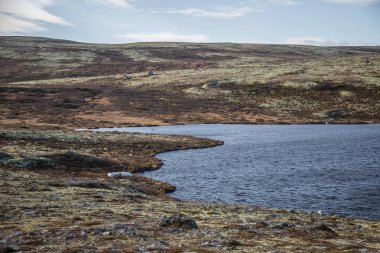 Norveç'te deniz seviyesinden yüksek bir güzel dağ gölü. Göl, renkli sonbahar yatay.
