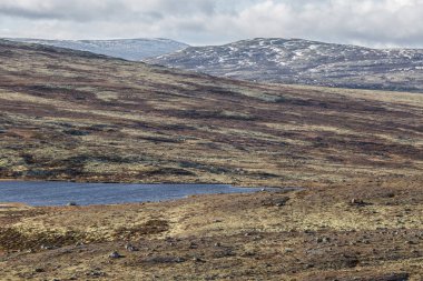 Norveç'te deniz seviyesinden yüksek bir güzel dağ gölü. Göl, renkli sonbahar yatay.