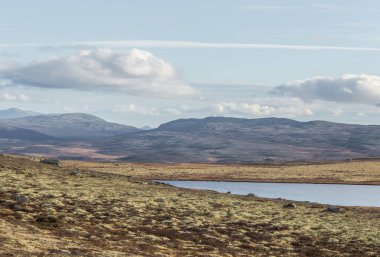 Norveç'te deniz seviyesinden yüksek bir güzel dağ gölü. Göl, renkli sonbahar yatay.