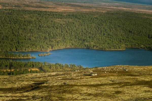 Piękne jezioro w dolinie górskiej. Widok z góry. Kolorowa jesień krajobraz w środkowej Norwegii. — Zdjęcie stockowe