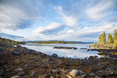 Bir güzel göl manzara Femundsmarka Milli Parkı'nda Norveç'te. Gölün uzak dağlarda arka plan ile. Güzel sonbahar sahne canlı renkler ile.