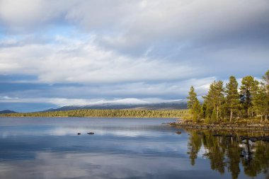 Bir güzel göl manzara Femundsmarka Milli Parkı'nda Norveç'te. Gölün uzak dağlarda arka plan ile. Güzel sonbahar sahne canlı renkler ile.