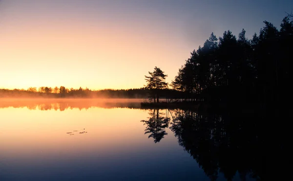 Прекрасный восход солнца на озере с поднимающимся туманом. Прекрасное утро в водно-болотных угодьях Латвии. Осенний пейзаж в ярких цветах . — стоковое фото