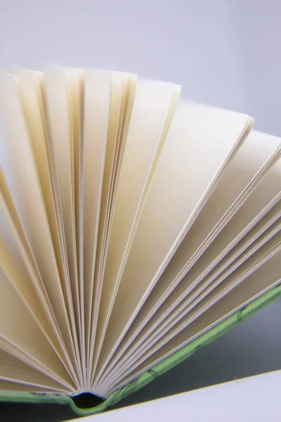 Un hermoso primer plano de un cuaderno en blanco en cubiertas verdes. Profundidad superficial de la foto de campo . — Foto de Stock