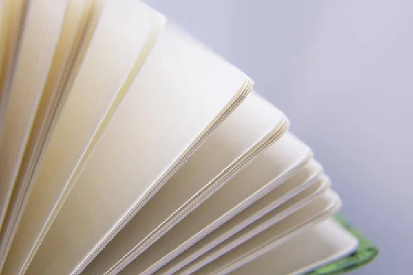 Un hermoso primer plano de un cuaderno en blanco en cubiertas verdes. Profundidad superficial de la foto de campo . — Foto de Stock