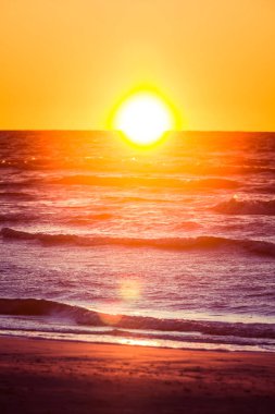 Baltık Denizi plaj güzel, renkli günbatımında. Canlı doğal sahne.