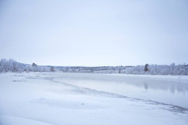 Bir ağaçta bir banka ile güzel donmuş nehir. Merkez Norveç'in beyaz kış manzarası. Işık sahne.
