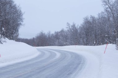 Güzel bir beyaz yol Emanet Polonyalılar ile merkez Norveç'te orman yoluyla. Güzel kış manzara İskandinavya.