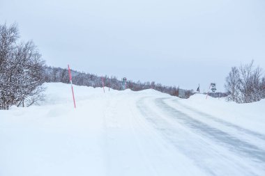 Güzel bir beyaz yol Emanet Polonyalılar ile merkez Norveç'te orman yoluyla. Güzel kış manzara İskandinavya.