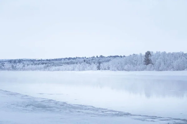 Bellissimo Fiume Ghiacciato Con Alberi Una Riva Bianco Paesaggio Invernale — Foto Stock