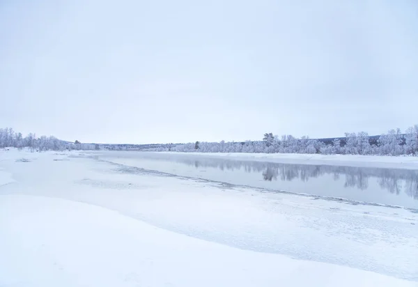 Hermoso Río Congelado Con Árboles Una Orilla Paisaje Blanco Invierno — Foto de Stock