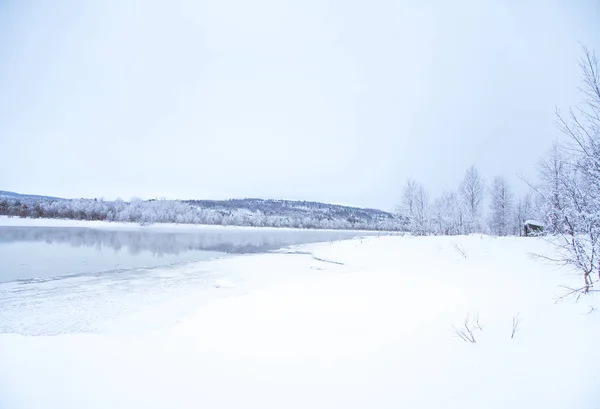 銀行に木がある美しい凍った川 中央ノルウェーの白い冬の風景です 光の風景 — ストック写真