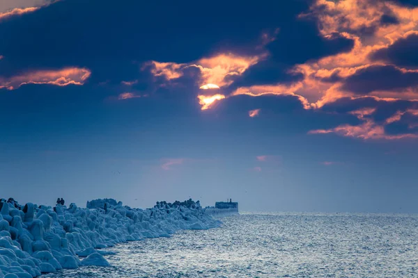 Egy Szép Este Táj Egy Fagyasztott Móló Balti Tengeren Téli — Stock Fotó