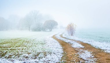 Sonbaharın sonlarında ilk karla çakıllı bir yolun güzel manzarası. Kışın başında Kuzey Avrupa manzarası.