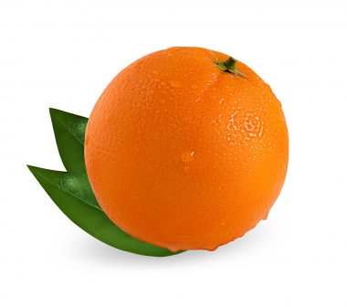 Turuncu Beyaz arka plan üzerinde izole Su damlacıkları. Islak turuncu yeşil yaprakları ile