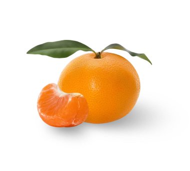 Taze yaprakları ve izole bir dilim mandalina.