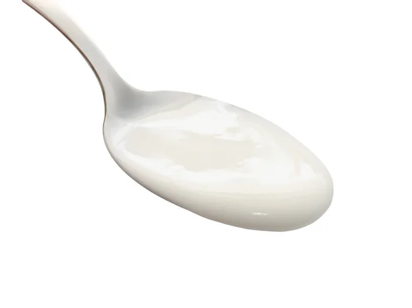 Iogurte Fresco Uma Colher Isolada Fundo Branco Delicioso Iogurte Goteja — Fotografia de Stock