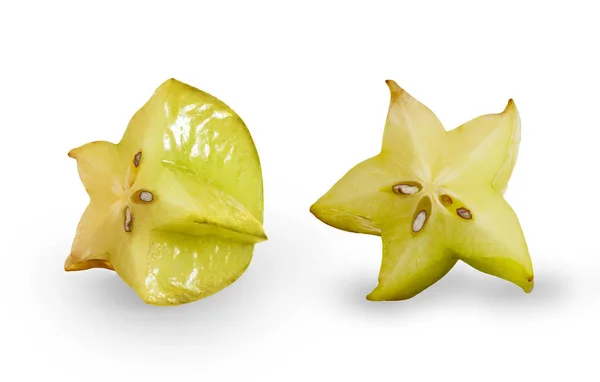 Beyaz arka plan üzerinde izole iki starfruits. Ön ve yan görünüm