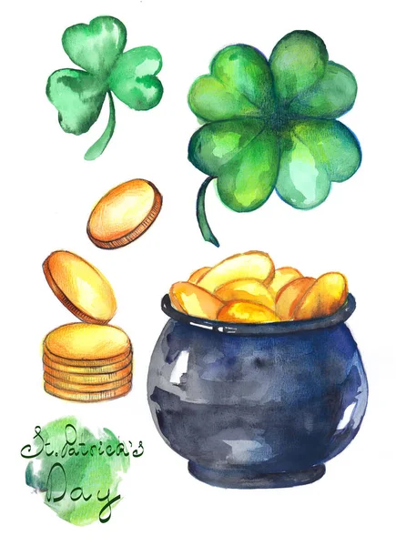Suluboya resimler koleksiyonu St Patrick's Day için. Yonca dört yaprak, altın ve pot ile.