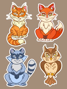 sevimli hayvanlar ayarlayın. tilki, baykuş, rakun, kedi de dahil olmak üzere karikatür tarzı hayvanlarda izole vektör.