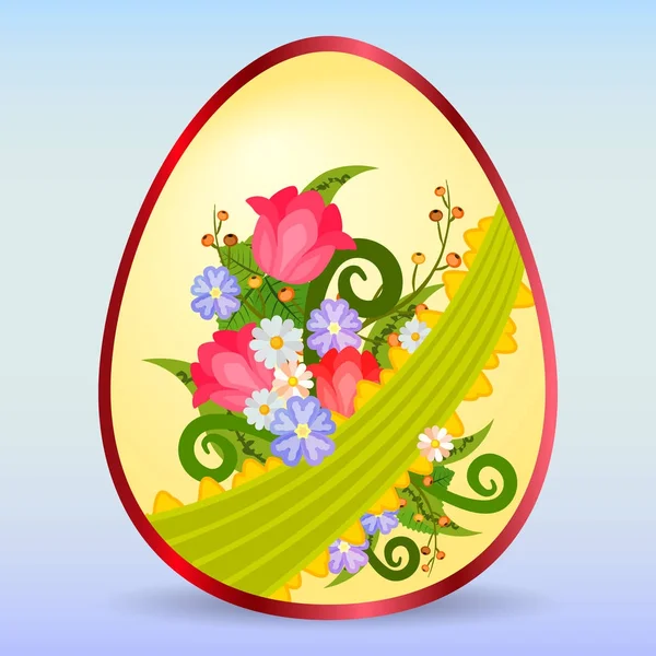 Huevo de Pascua con flores primaverales y cintas verdes aisladas sobre fondo. Plantilla para tarjeta de felicitación o invitación . — Vector de stock