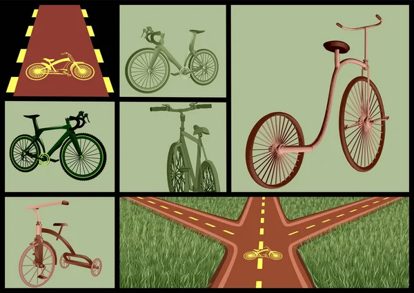 Bicicletas e estradas definidas —  Vetores de Stock