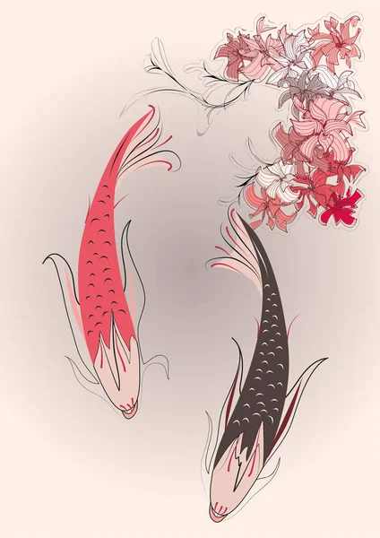 ปลาสองตัวและดอกไม้ — ภาพเวกเตอร์สต็อก