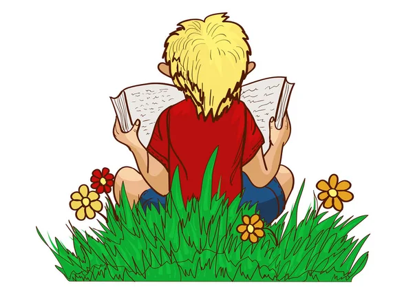 Membaca Anak Laki Laki Duduk Rumput Dan Membaca Buku Favorit - Stok Vektor