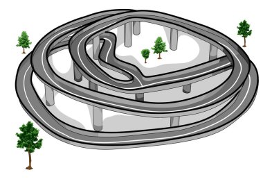 Beyaz arka planda izole edilmiş ağaçlarla manzaralı vektör yolu