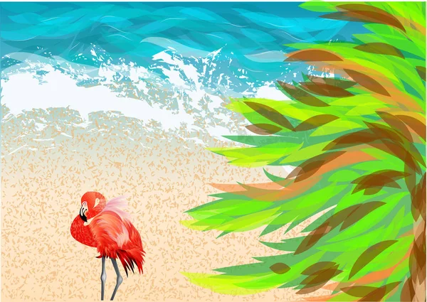 분홍빛 플라밍고와 해변의 야자나무 — 스톡 벡터