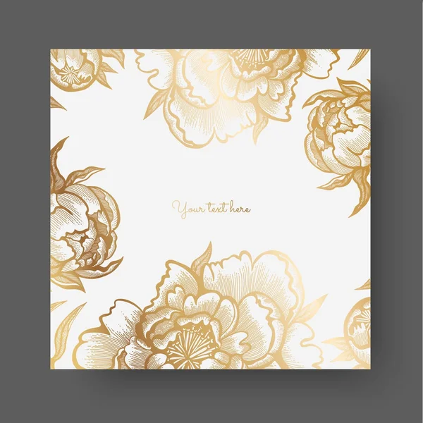 Gold flowers and leaves of peonies. Ornate decor for invitations, wedding greeting cards, certificate, labels. — Stock Vector