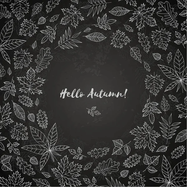 Autumn leaves are drawn with chalk on black chalkboard. Autumn leaves for design template on black background. — Stock Vector