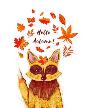 Fox ile sonbahar vektör çizim bırakır. Tasarım şablonu davet, el ilanı, tebrik kartı, poster veya başlık sayfası.