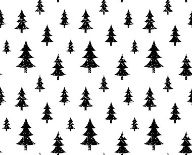 Xmas desen siyah Noel ağaçları ve yıldız, oyuncaklar ile vektör.