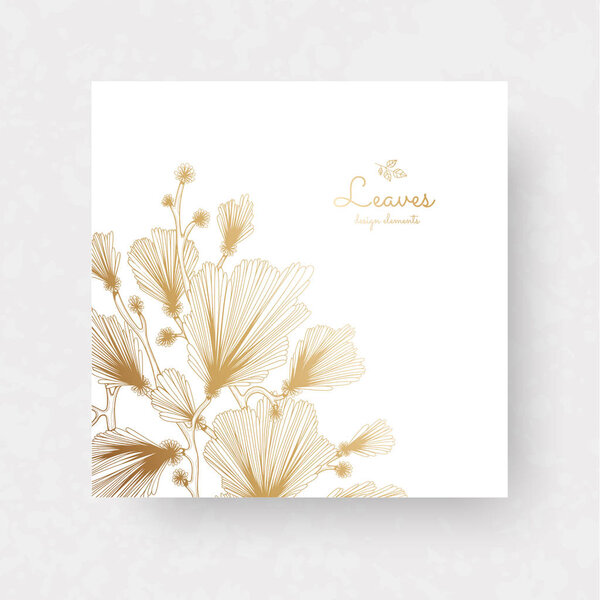 Ginkgo biloba branches with leaves. Golden ginkgo branches for invitations, wedding greeting cards, labels.