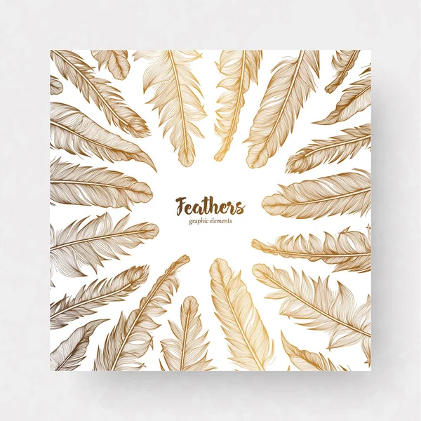 Plantilla de diseño vectorial con plumas de oro para invitaciones, tarjetas de felicitación de boda, certificado, etiquetas — Archivo Imágenes Vectoriales