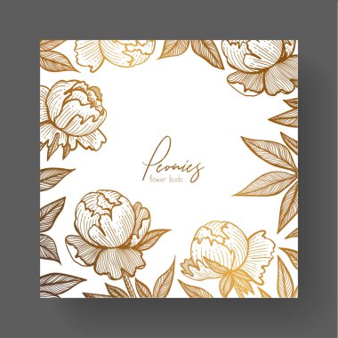 Altın Davetiyeler, tırnak, ambalaj tasarımı, veya vintage bir proje bir tamamlayıcı olarak arka planlar için şablonlar kartları. Şablon tasarım dahil peonies ve peonies yaprakları.