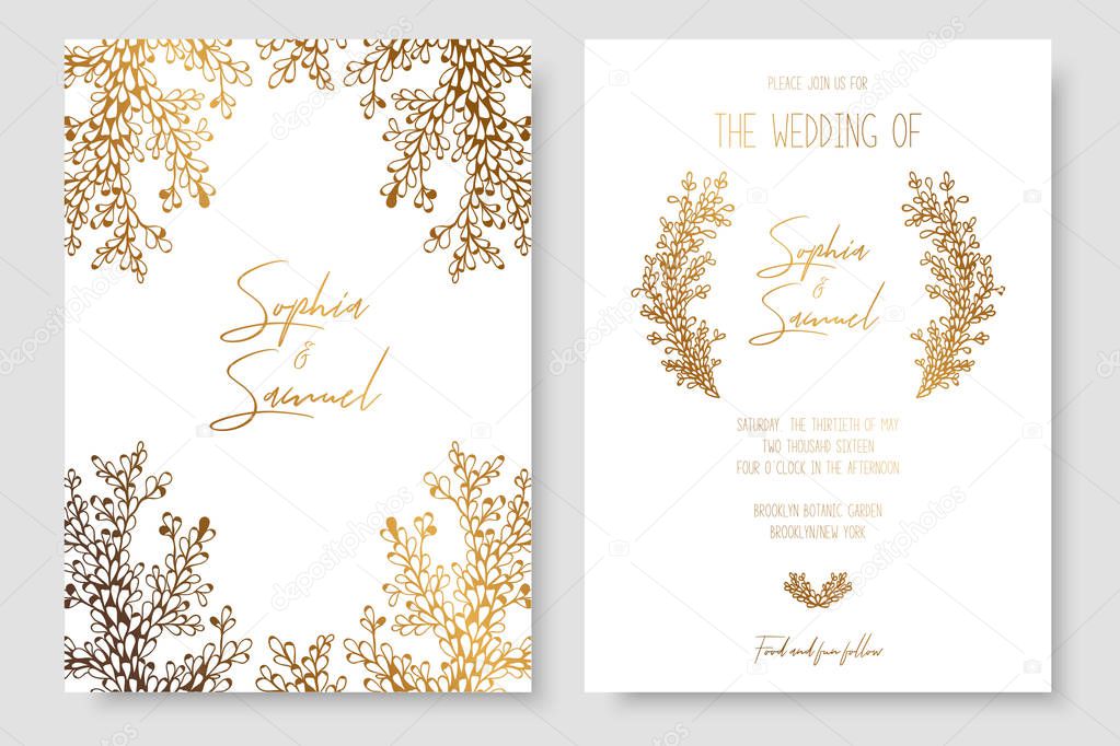 Gold invitation with floral branches. Gold cards templates for save the date, wedding invites, greeting cards, postcards.