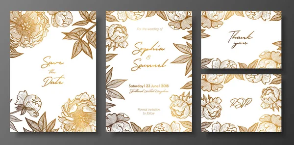 Conjunto de tarjetas de boda de oro y blanco con peonías. Plantillas de tarjetas florales de oro para guardar la fecha, tarjetas de agradecimiento, invitaciones a la boda, rsvp, menú, volante, tarjetas de felicitación, postales . — Archivo Imágenes Vectoriales