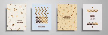 Soyut geometrik öğelerle grubu şablonları afiş. Tasarım kartları altın elemanları ile. Posterlerini açmaları, broşürler, el ilanları, afişler için geçerli, kitap kapakları, dizüstü bilgisayarlar
