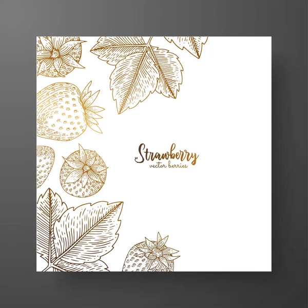 Gold card template for invitations, greeting cards, postcards, package design, or as a complement to a vintage project. Place for text. Vintage botanical engraving illustration of golden strawberry. — Stock Vector