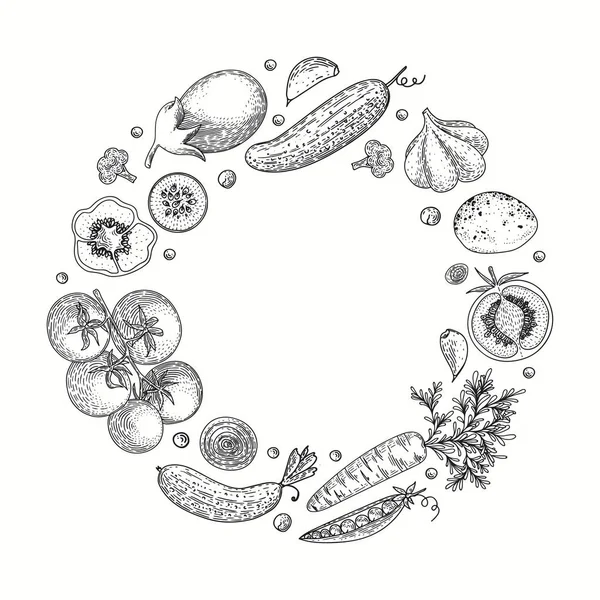 Cercle vecteur de légumes avec concombre, tomate, poivre, aubergine, pomme de terre, pois, carotte, brocoli. Modèle de conception d'aliments sains avec des légumes vecteurs. Idéal pour le menu de conception, recettes, affiche . — Image vectorielle