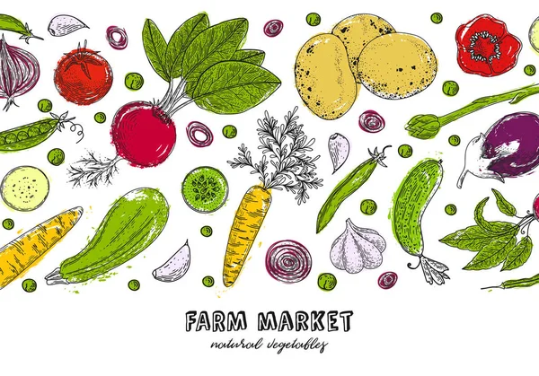 Šablona návrhu s biopotravinami. Čerstvá zelenina. Podrobné vegetariánská strava kreslení. Zemědělské tržní produkt. Skvělé pro label, design menu, recepty, plakát, obalovým designem, balicí papír. — Stockový vektor