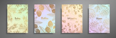 Gold colorful collection of cards design with berries. Vintage gold frame with berries illustrations - barberry, viburnum, blackberry, wild strawberry. Great design for natural and organic products. clipart