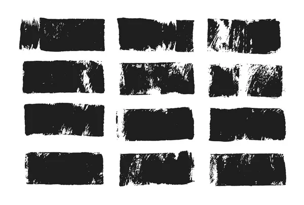 Frottis noir abstrait de peinture isolé sur fond blanc. Tache rectangulaire créée avec rouleau de peinture et acrylique noir. Zone de texte rectangulaire. Eléments de design texturés dessinés à la main . — Image vectorielle