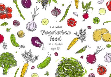 Organik gıda tasarım şablonu. Taze sebze. Çizim ayrıntılı Vejetaryen yiyecekler. Çiftlik market ürün. Etiket için büyük tasarım menü, yemek tarifleri, poster, tasarım, kağıt ambalaj.